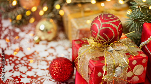 Close up of beautifully wrapped christmas gift on cozy blurred background
