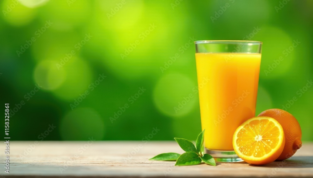 Fototapeta premium Glass of orange juice against a bright green leafy background in a sunny outdoor setting, beverage, orange