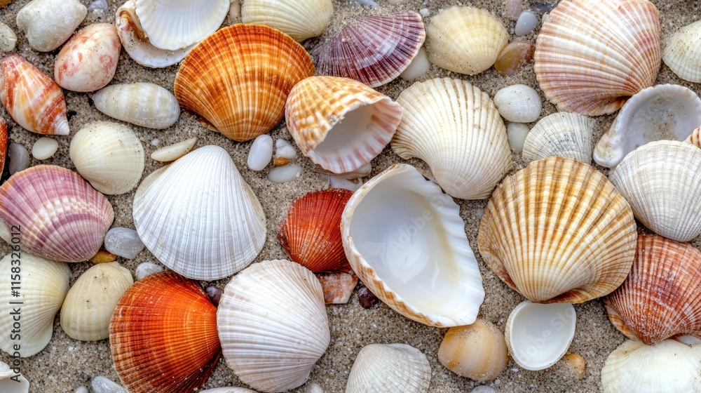Colorful seashells and pebbles on sandy beach. Colorful seashells and pebbles on sandy beach.