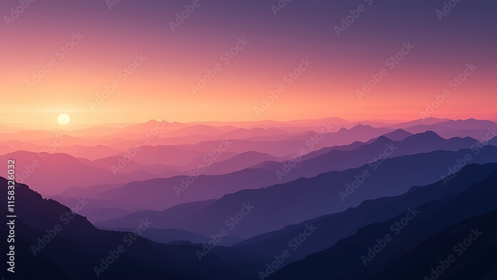 Distant mountain peaks layers at sunrise. Pattern of mountains silhouettes against orange sky in Dolomites. Distant mountain peaks layers at sunrise. Pattern of mountains silhouettes against orange sky in Dolomites.