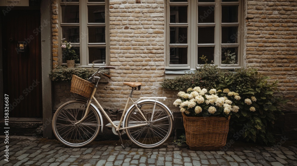 Cream bicycle with wicker basket parked by brick building with flowers. Cream bicycle with wicker basket parked by brick building with flowers.