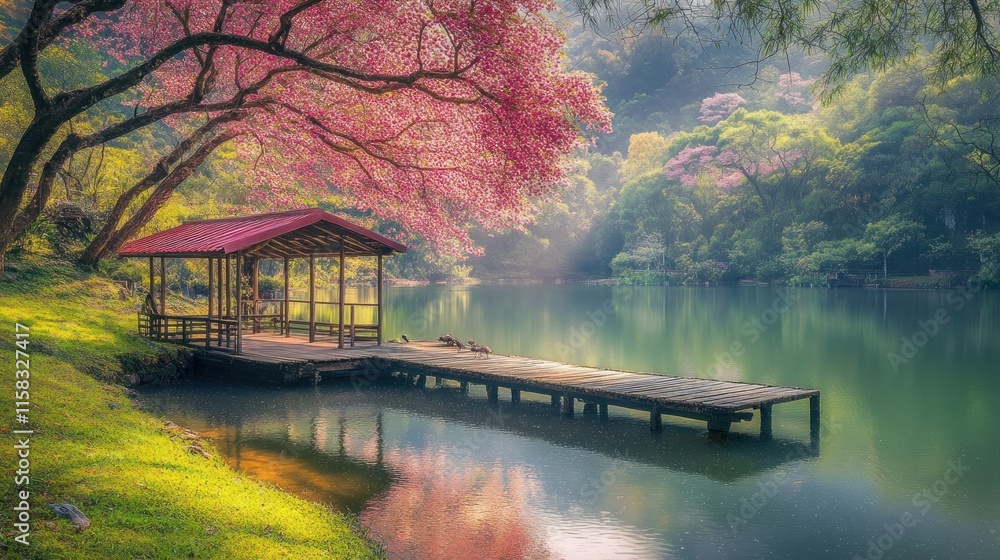 Fototapeta premium Serene lakeside gazebo with blossoming tree, tranquil spring scene.