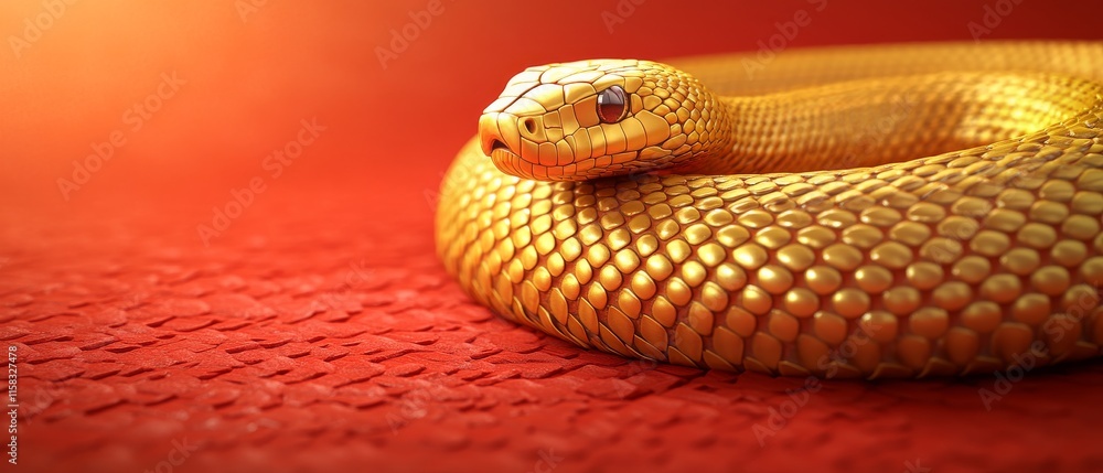 Fototapeta premium Chinese New Year Theme, A gold colored snake is laying on a red background