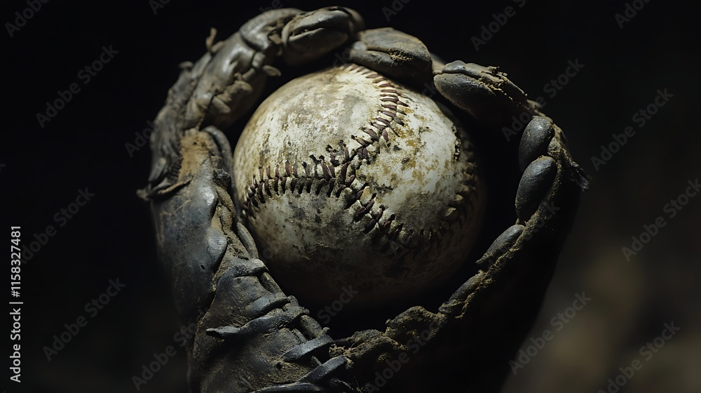 Detailed view of a weathered glove cradling a well-used baseball dramatic dark backdrop