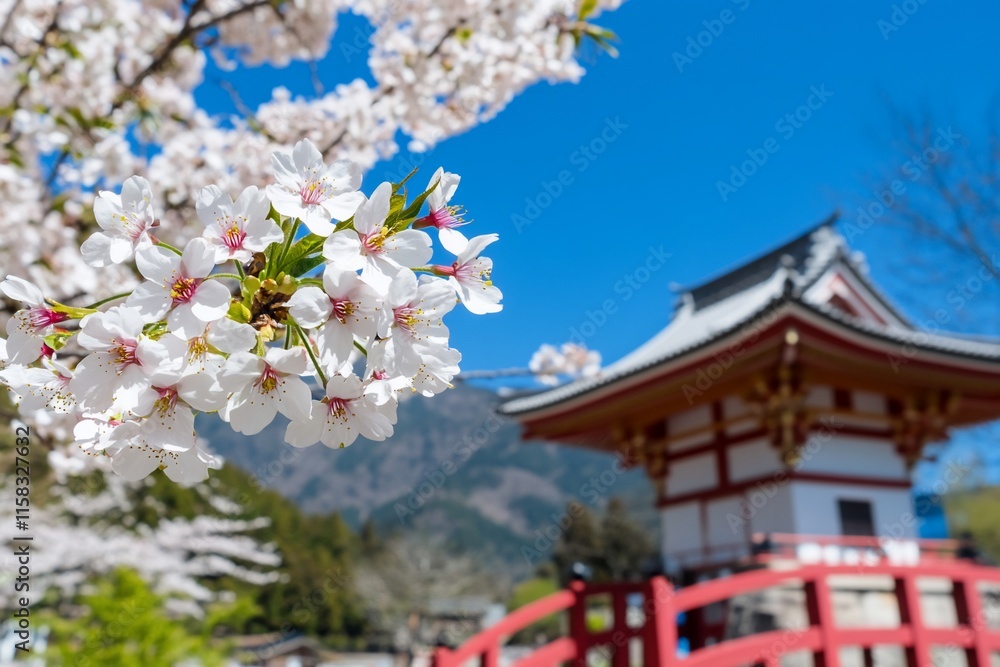Cherry blossoms in bloom near a traditional Japanese structure. Cherry blossoms in bloom near a traditional Japanese structure.