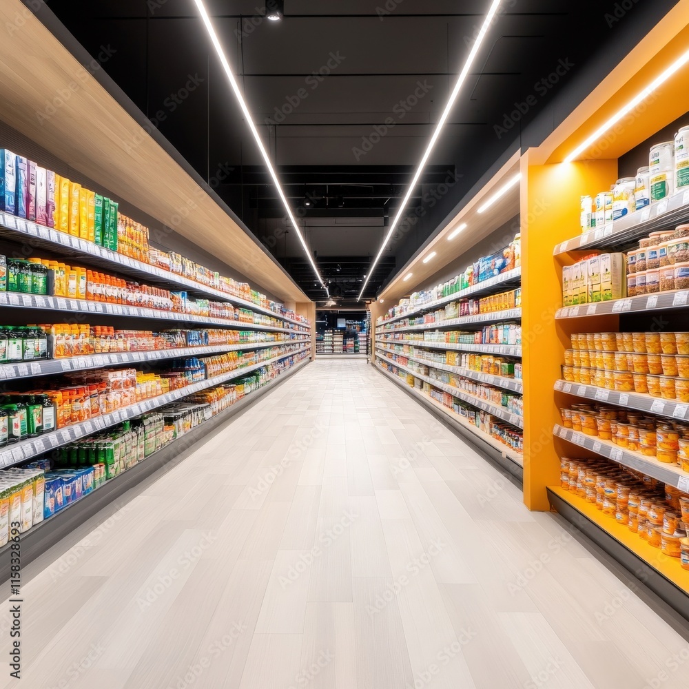 Brightly Lit Modern Supermarket Aisle with Shelves Full of Colorful Grocery Products in a Clean and Organized Environment Brightly Lit Modern Supermarket Aisle with Shelves Full of Colorful Grocery Products in a Clean and Organized Environment