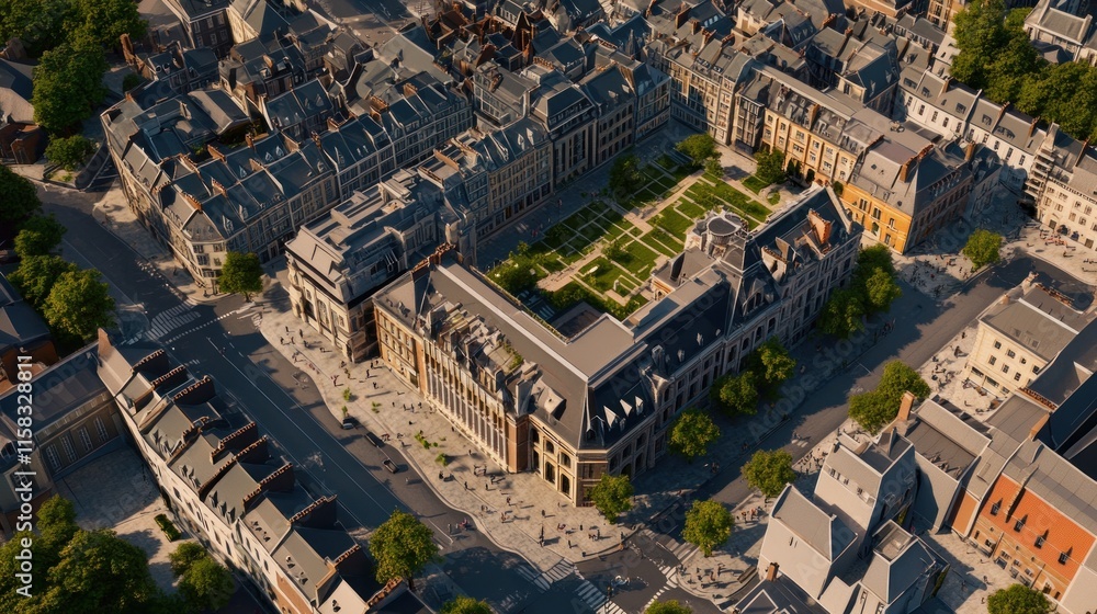 Fototapeta premium Aerial view of a European city square with buildings, streets, and a garden.