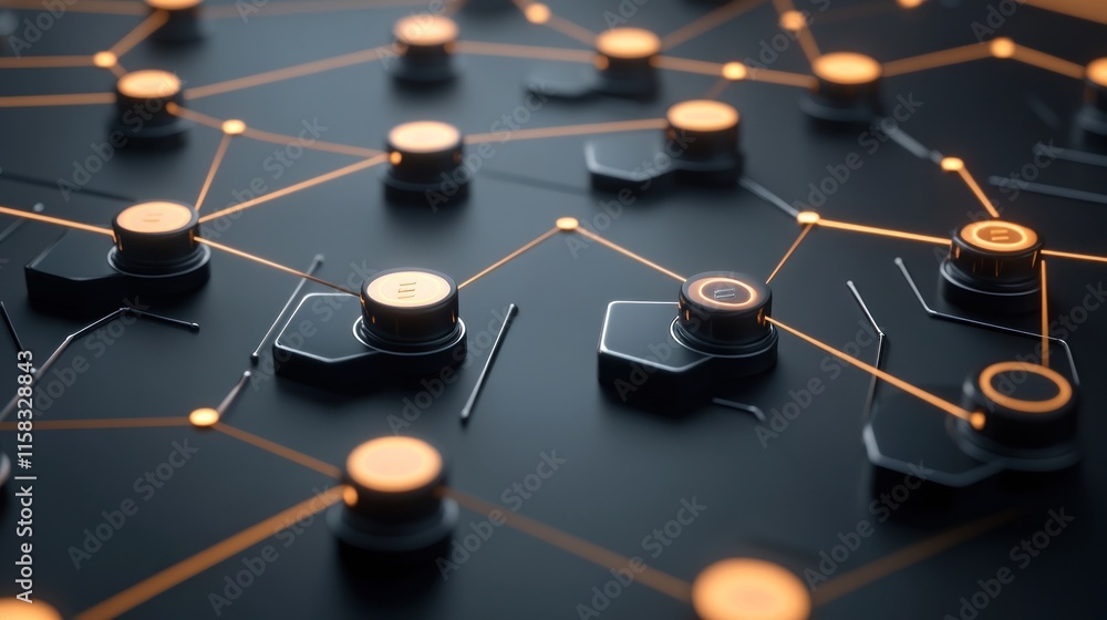 Abstract network nodes connected by glowing lines on dark surface. Abstract network nodes connected by glowing lines on dark surface.