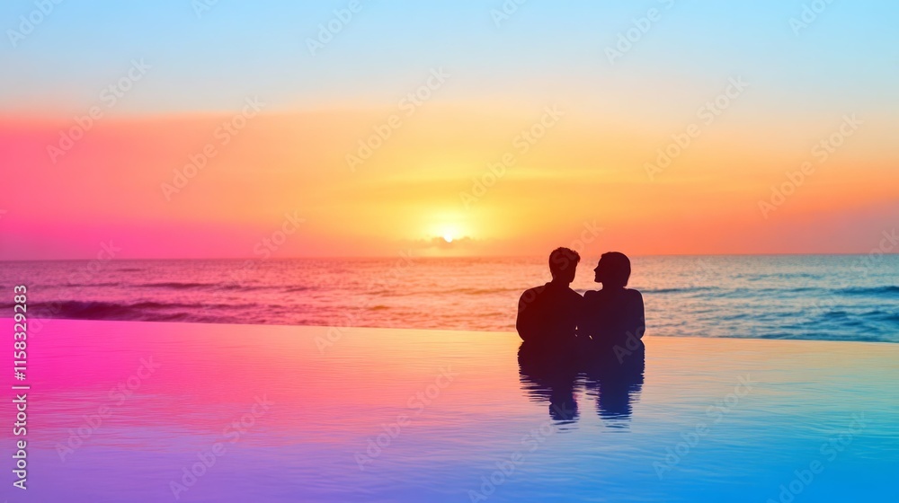 Fototapeta premium Silhouette of a couple enjoying a vibrant sunset by the ocean.