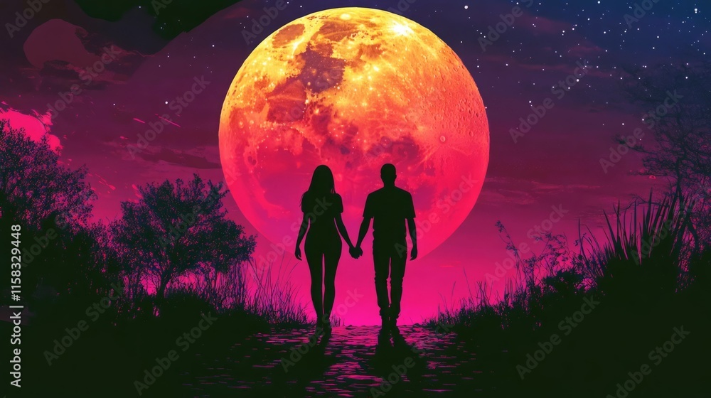 Silhouetted couple holding hands under a vibrant red moon. Silhouetted couple holding hands under a vibrant red moon.