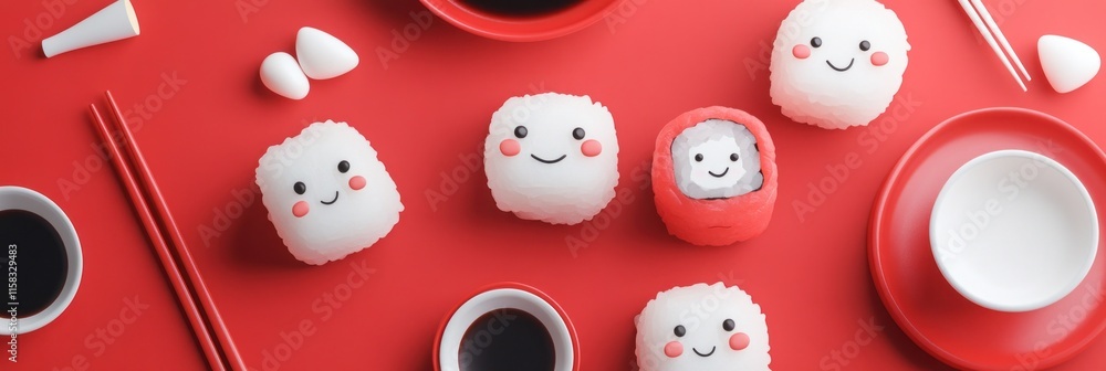 Cute cartoon rice balls and sushi on red background. Cute cartoon rice balls and sushi on red background.