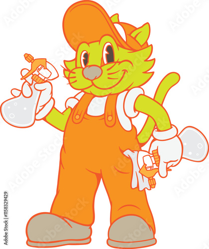 Cat as cleaning service agent standing while holding sprayers on it's hands with a warm smile.