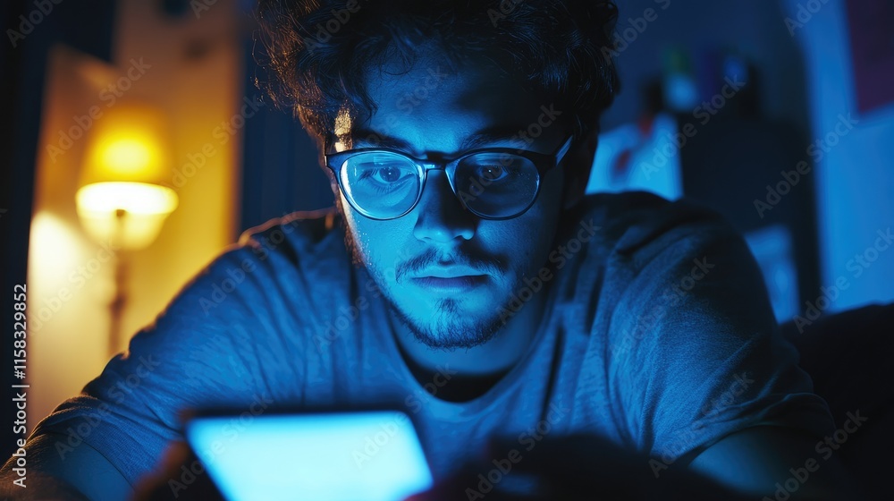 Young Man Engaged with Smartphone in Dimly Lit Bedroom Highlighting Technology Overuse and Internet Dependency Issues Young Man Engaged with Smartphone in Dimly Lit Bedroom Highlighting Technology Overuse and Internet Dependency Issues
