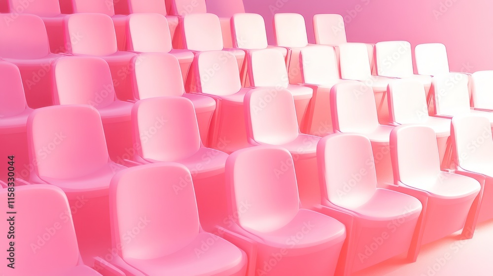 Fototapeta premium Rows of empty pink plastic chairs in an auditorium.