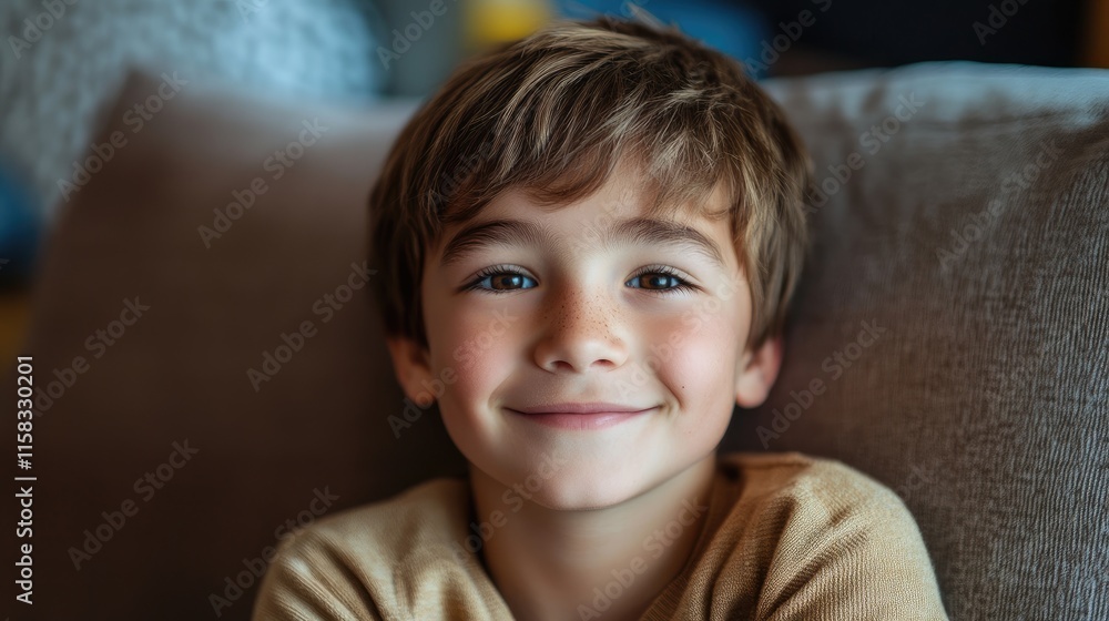 Smiling boy relaxing on a couch showcasing joy and innocence in a cozy indoor setting