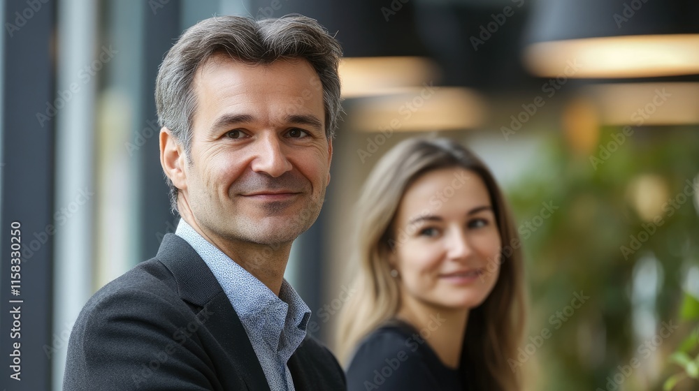 Businessman smiling confidently with his female colleague thoughtfully engaged in a modern office setting, showcasing teamwork and professionalism. Businessman smiling confidently with his female colleague thoughtfully engaged in a modern office setting, showcasing teamwork and professionalism.