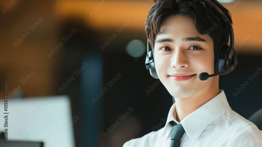 Smiling customer support agent in headset providing assistance in a modern call center environment Smiling customer support agent in headset providing assistance in a modern call center environment