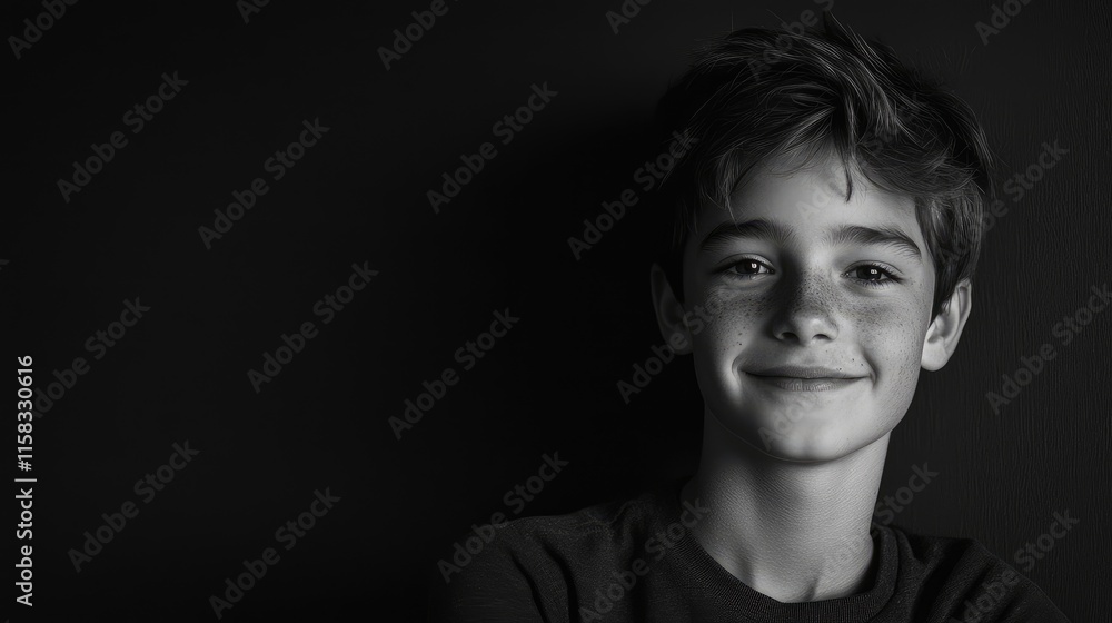 Portrait of a smiling young boy with freckles against a dark background in a classic black and white style capturing innocence and joy. Portrait of a smiling young boy with freckles against a dark background in a classic black and white style capturing innocence and joy.