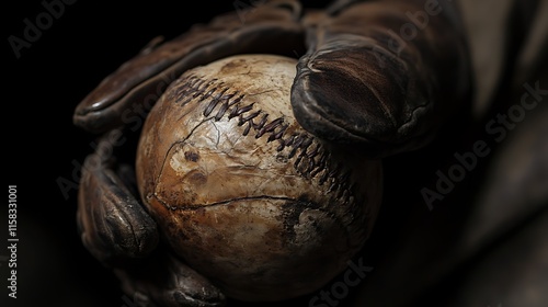 Wallpaper Mural Detailed close-up of an aged baseball cradled in a leather glove shadowy background Torontodigital.ca