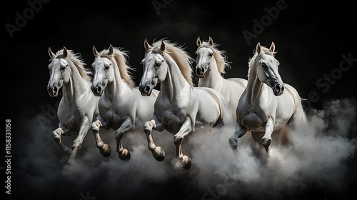 Five majestic white horses running in dust cloud against a black background.