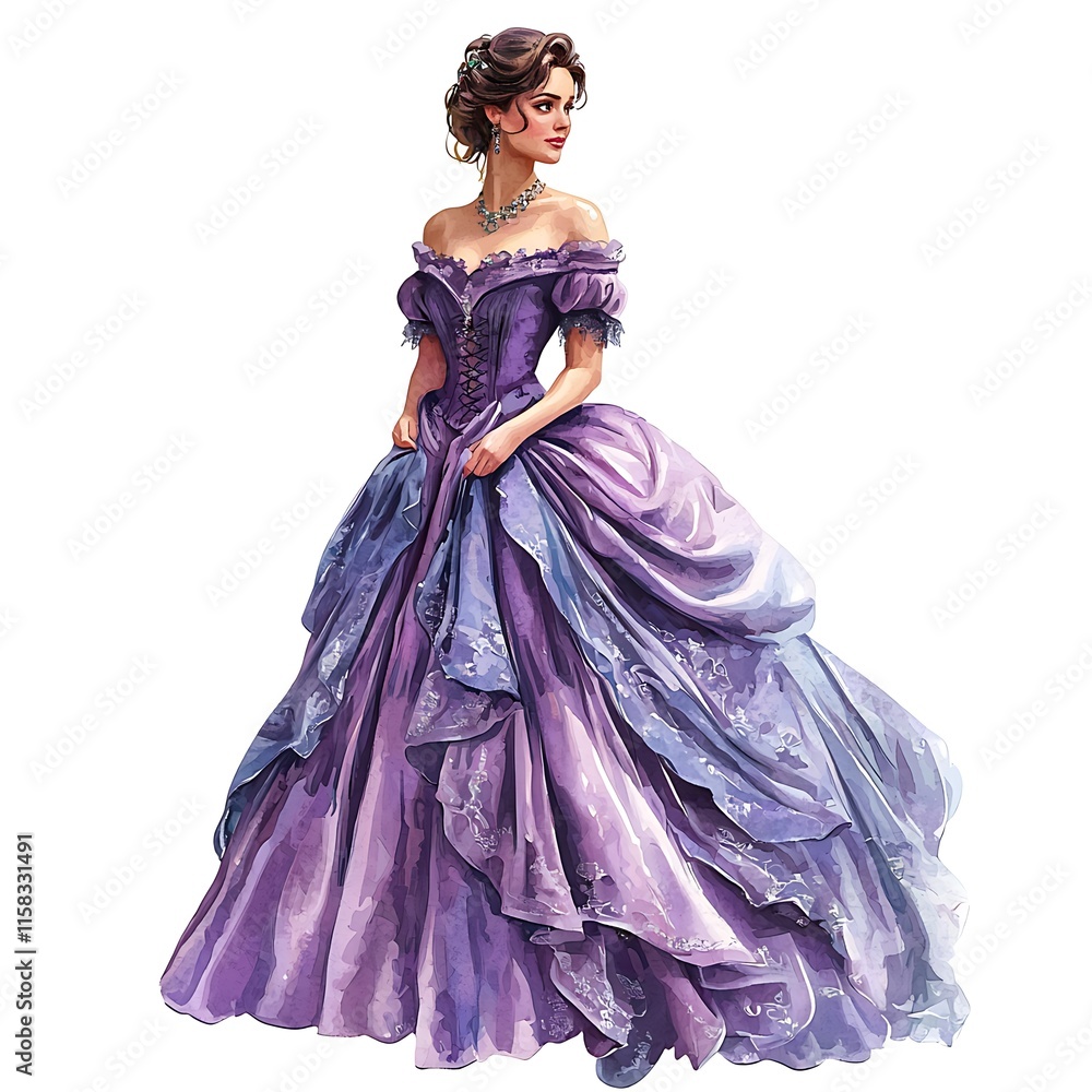 Elegant Woman in a Lavish Purple Ball Gown, Watercolor Style Illustration. Elegant Woman in a Lavish Purple Ball Gown, Watercolor Style Illustration.