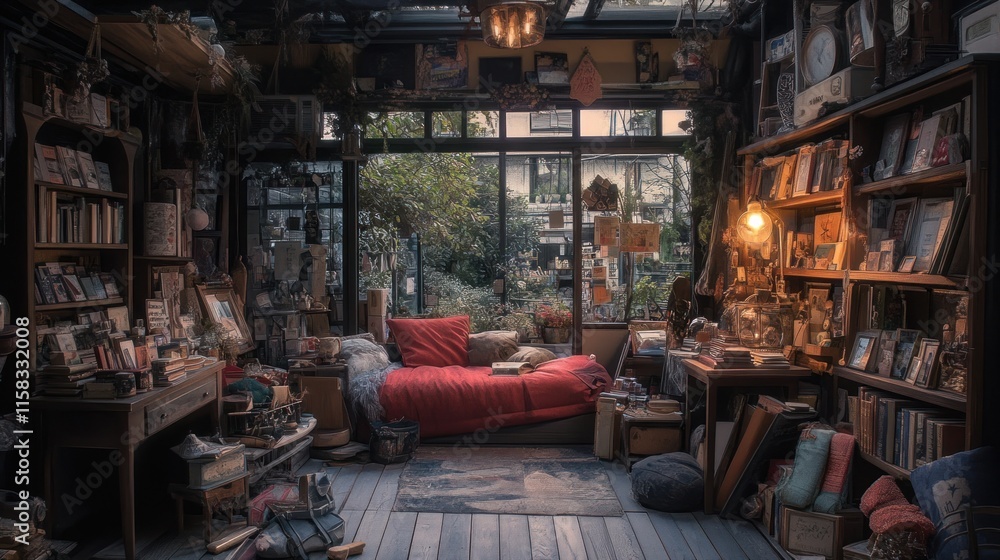 Cozy, cluttered room with bookshelves, red couch, and garden view. Cozy, cluttered room with bookshelves, red couch, and garden view.