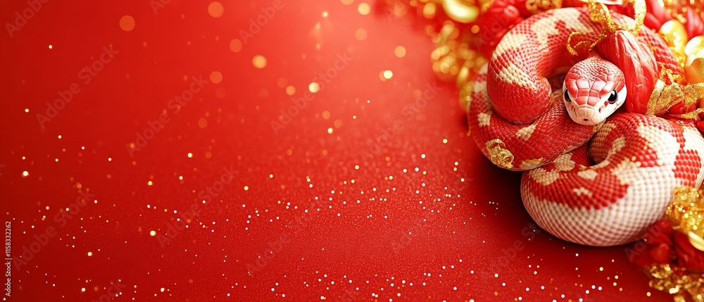 Fototapeta premium Chinese New Year Theme, A red and white snake is laying on a red background with gold glitter