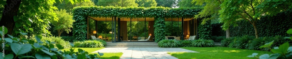 Fototapeta premium Elegant glass building surrounded by lush green ivy, nature, glass building