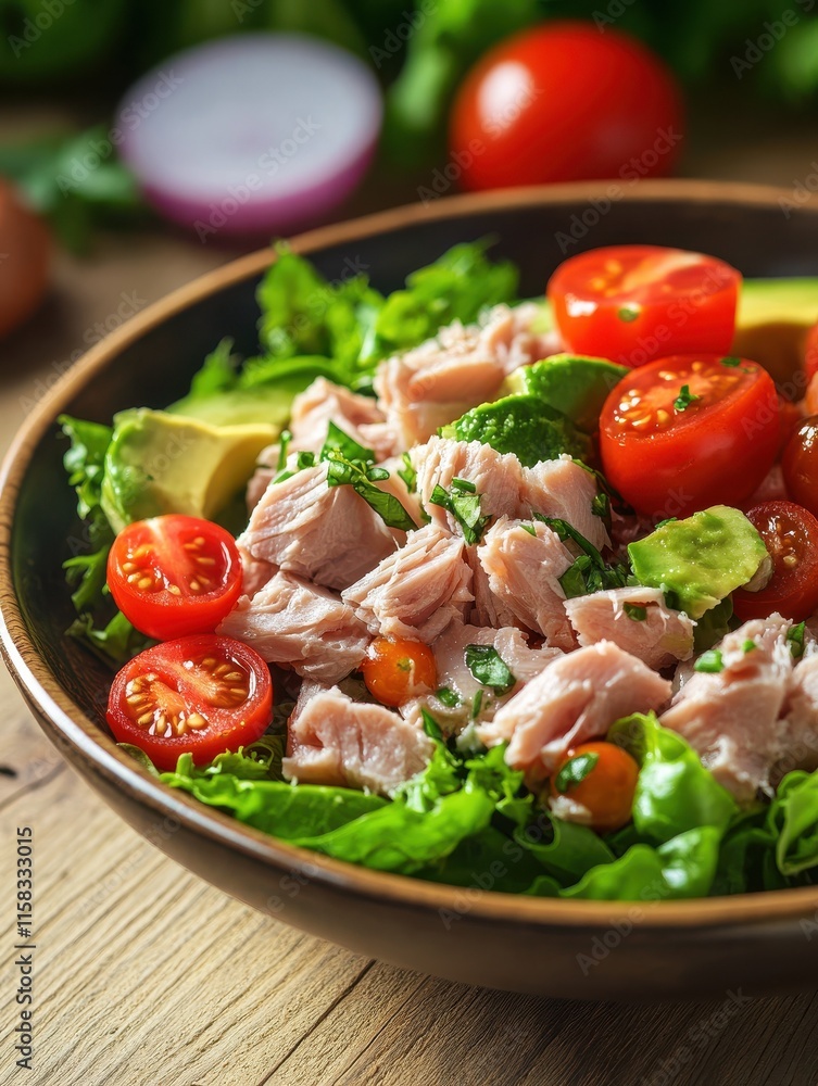 Tuna salad - tuna, cherry tomatoes, avocado, lettuce and onion on wooden table. Tuna salad - tuna, cherry tomatoes, avocado, lettuce and onion on wooden table.