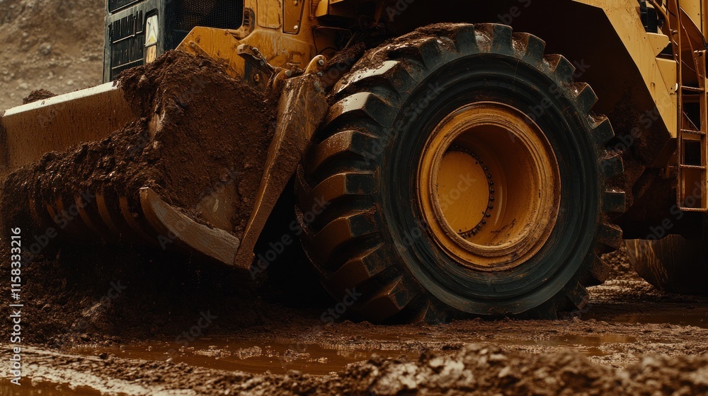 Close-up of a large wheel loader moving mud. Close-up of a large wheel loader moving mud.