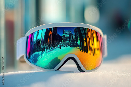 Pair of ski goggles with a mirrored lens on a white surface photo