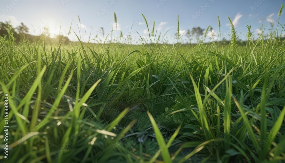 Fototapeta premium Lush green grass blades sway gently in the breeze, landscape, sunny day, fresh cut grass