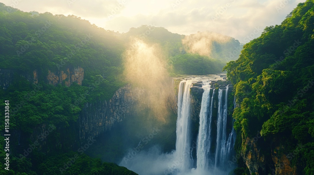 Fototapeta premium Majestic waterfall cascading down lush green cliffs at sunrise, sunlight beams through mist.