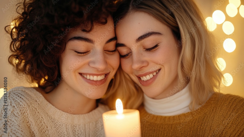 Two Smiling Women with Candle Embracing in Soft Light, Celebrating Friendship and Connection During Cozy Moments Together, Warm Ambience Creating an Intimate Atmosphere Two Smiling Women with Candle Embracing in Soft Light, Celebrating Friendship and Connection During Cozy Moments Together, Warm Ambience Creating an Intimate Atmosphere
