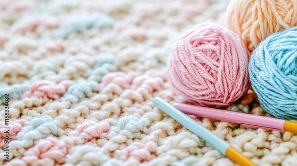 Pastel yarn balls and crochet hooks on a crocheted blanket. Pastel yarn balls and crochet hooks on a crocheted blanket.