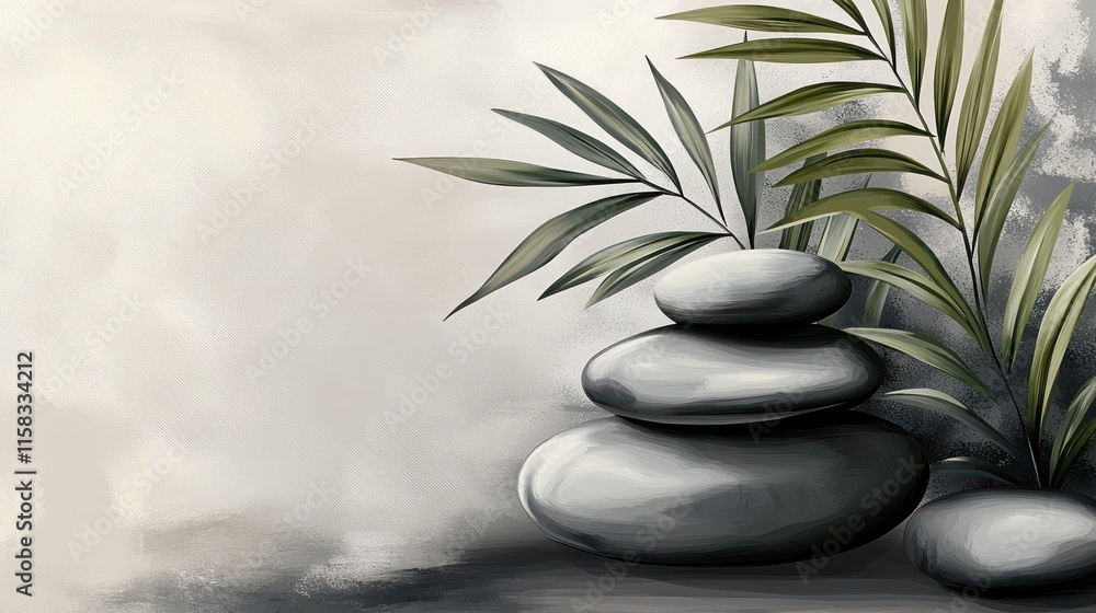 Stacked gray stones and palm leaves on a serene, light background. Stacked gray stones and palm leaves on a serene, light background.