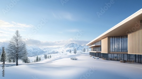 Wallpaper Mural Modern architectural design of a luxurious cabin surrounded by pristine snow-covered mountains and pine trees under a clear blue sky in a serene winter landscape. Torontodigital.ca