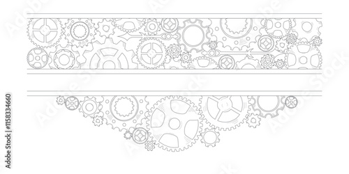 Sketch-style doodle frame with colorful hand-drawn gears and cogwheels, embodying a concept of teamwork, business ideas, and progress.