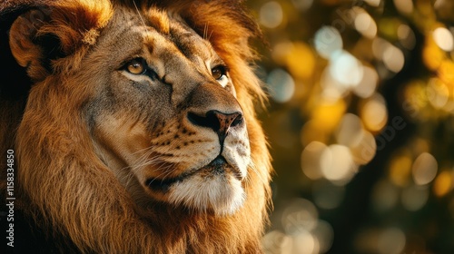 Majestic lion portrait with soft bokeh background highlighting its expressive features and golden mane in a natural setting photo