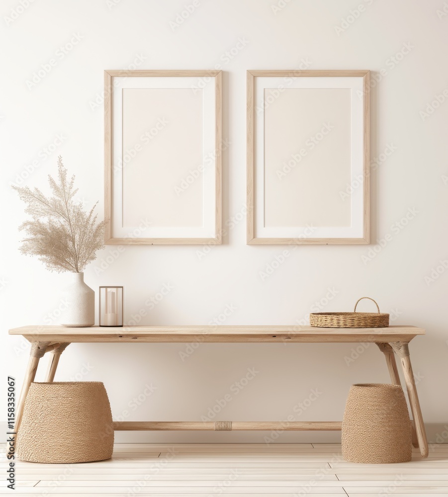 Minimalist Console Table Mockup: Two empty frames, a vase with dried pampas grass, and two woven baskets adorn a natural wood console table. Minimalist Console Table Mockup: Two empty frames, a vase with dried pampas grass, and two woven baskets adorn a natural wood console table.