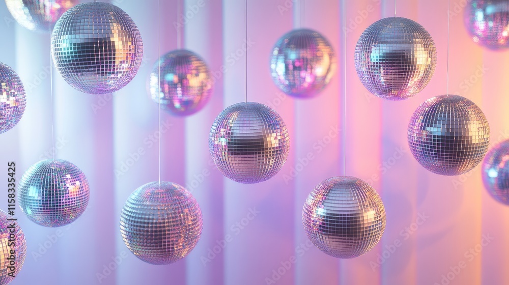 Floating Disco Balls in a 3D Metallic Setting with Colorful Reflections and Optical Illusion Effects Floating Disco Balls in a 3D Metallic Setting with Colorful Reflections and Optical Illusion Effects