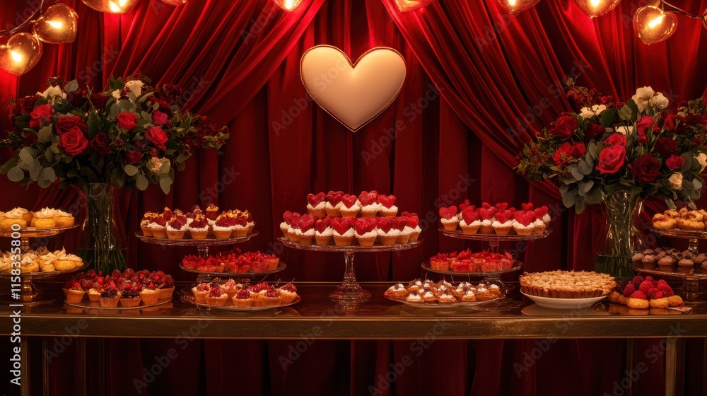 Fototapeta premium A romantic dessert buffet with heart-shaped pastries, cake slices, and fruit tarts, displayed on a mirrored table surrounded by red velvet curtains and warm ambient lighting, valentine themed 