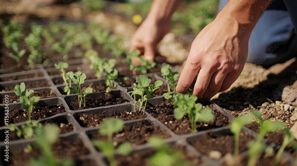 Gardener nurturing seedlings in sustainable garden bed promoting reforestation and eco-friendly farming practices outdoors in bright sunlight Gardener nurturing seedlings in sustainable garden bed promoting reforestation and eco-friendly farming practices outdoors in bright sunlight