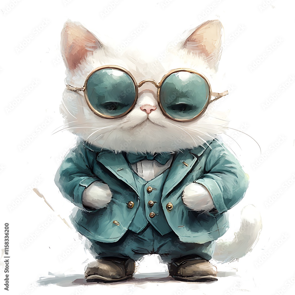 Fototapeta premium A stylish white cat in teal suit and round glasses, digital painting.