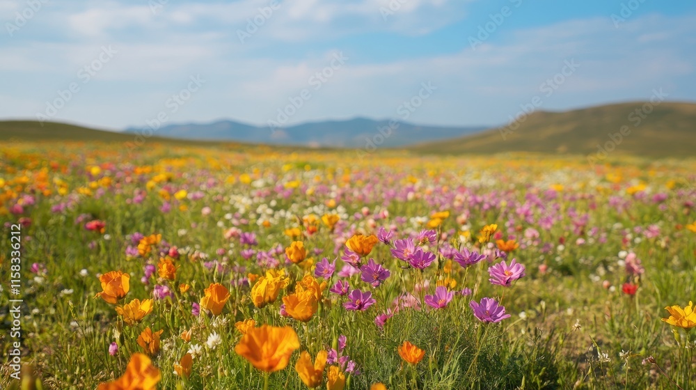 Vibrant Rainbow Colored Wildflower Field Stretching Across Scenic Landscape with Mountains in Background Vibrant Rainbow Colored Wildflower Field Stretching Across Scenic Landscape with Mountains in Background