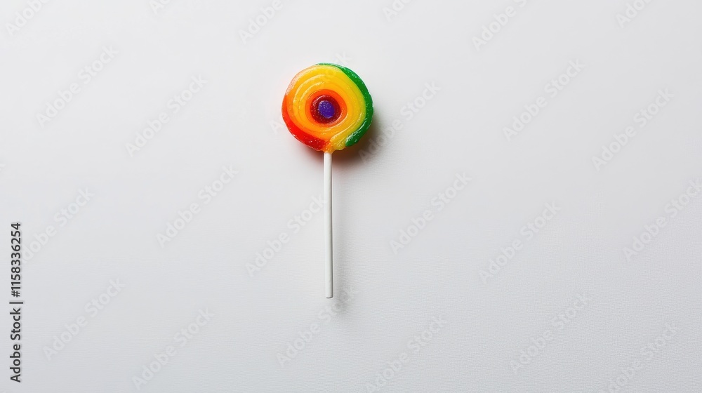 Colorful rainbow lollipop isolated on a clean white background highlighting its vibrant swirls and playful design Colorful rainbow lollipop isolated on a clean white background highlighting its vibrant swirls and playful design