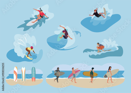 Various surfing poses. Sandy beach and surfboards. People who enjoy surfing. 