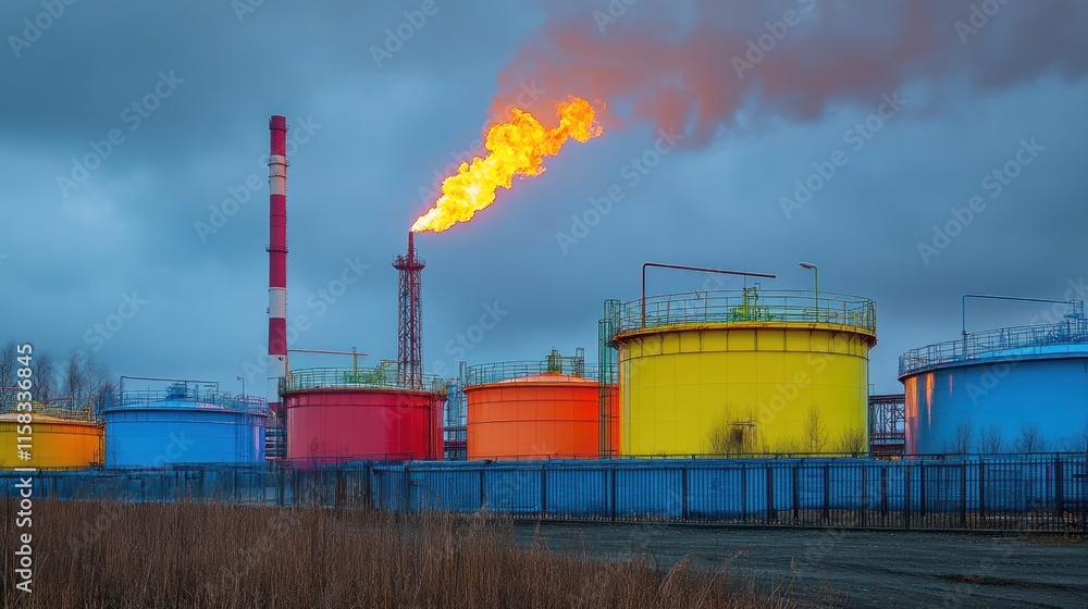 Colorful industrial tanks and flare stack burning at dusk. Colorful industrial tanks and flare stack burning at dusk.