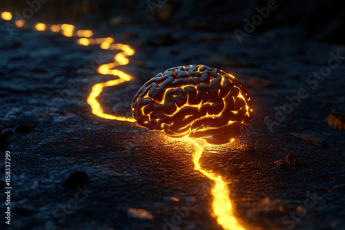 A brain with a glowing path winding through it, symbolizing thought processes leading to solutions photo