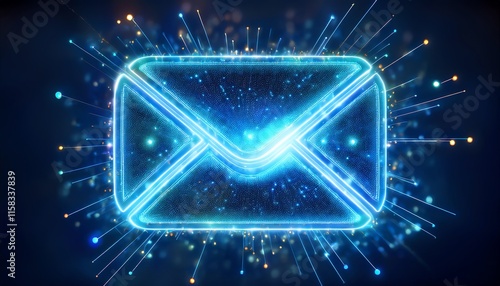 A glowing blue email envelope surrounded by sparkling light effects, symbolizing digital communication and connectivity.